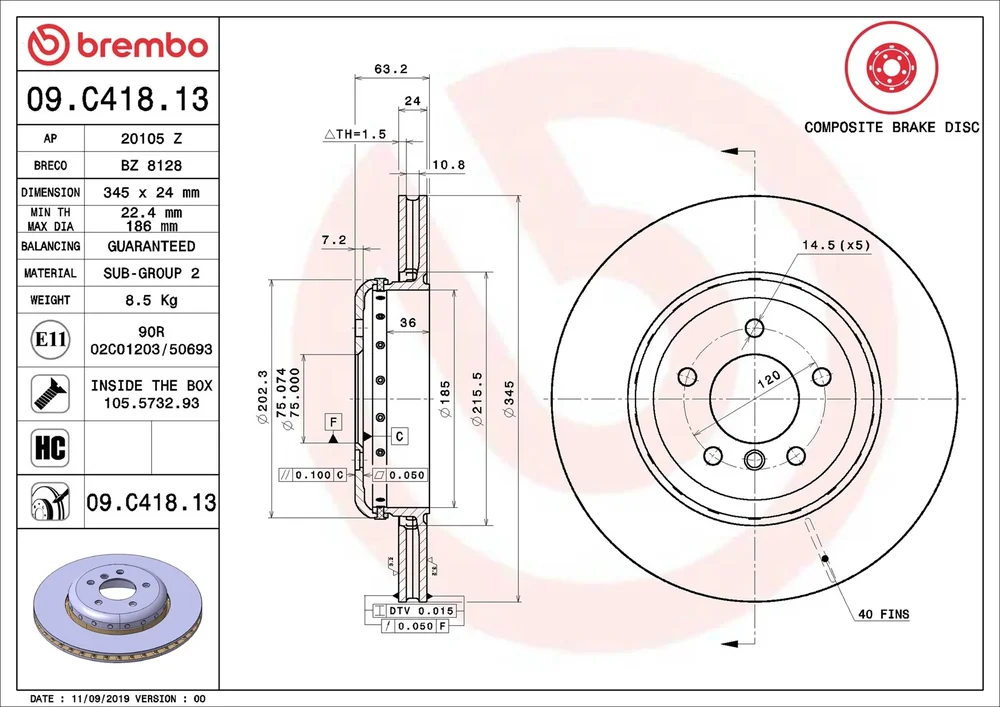 Brzdový kotouč BREMBO 09.C418.13 – OE 34216763827