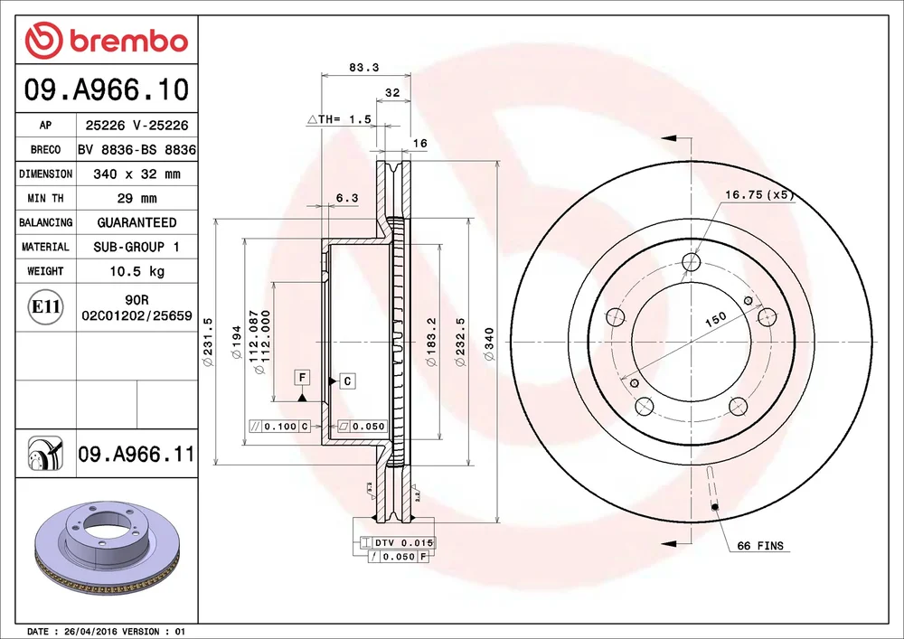 Brzdový kotouč BREMBO 09.A966.11 – OE 4351260180