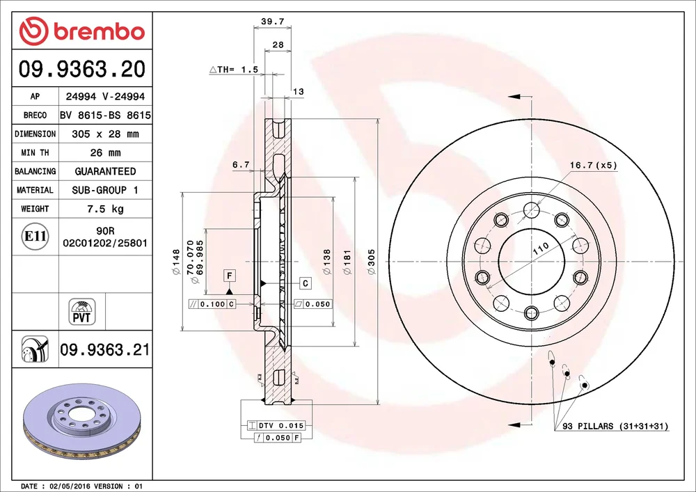 Brzdový kotouč BREMBO 09.9363.20