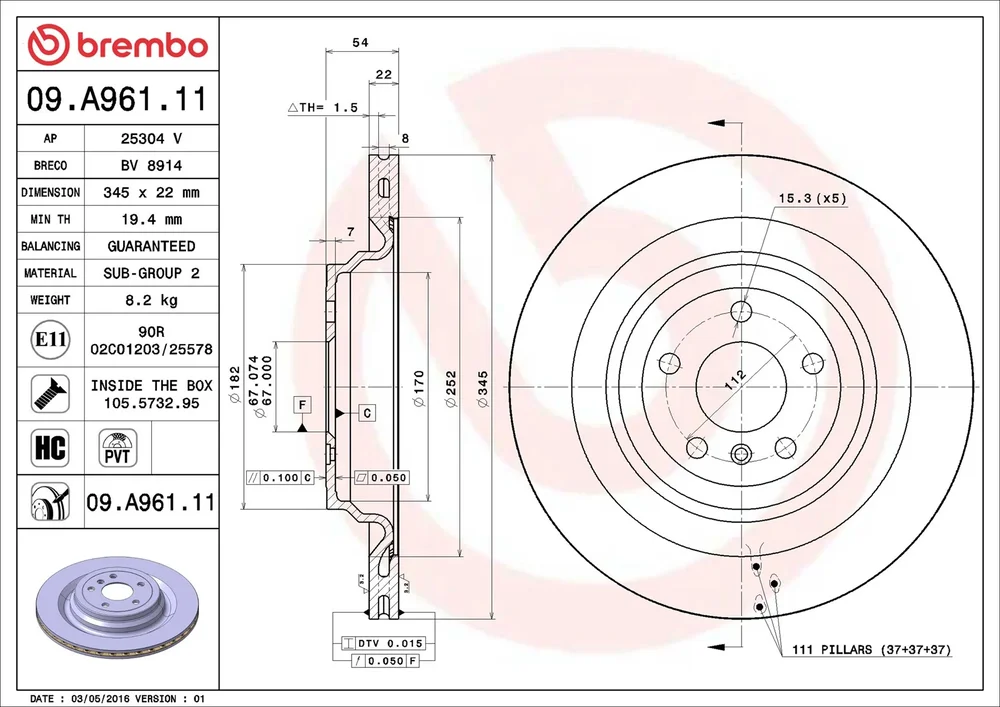 Brzdový kotouč BREMBO 09.A961.11