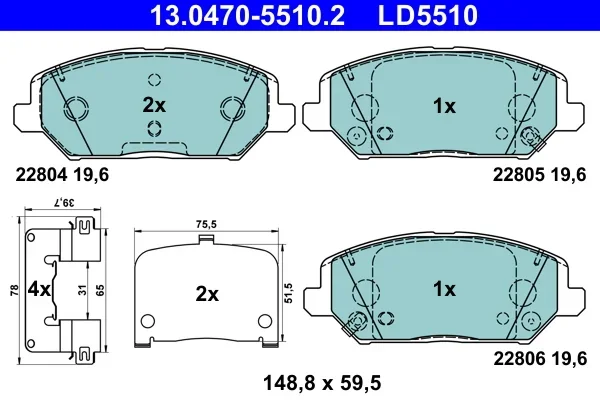 Sada brzdových destiček, kotoučová brzda ATE 13.0470-5510.2