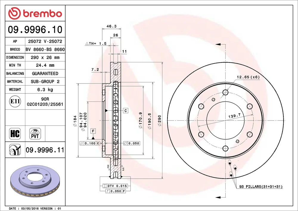 Brzdový kotouč BREMBO 09.9996.11