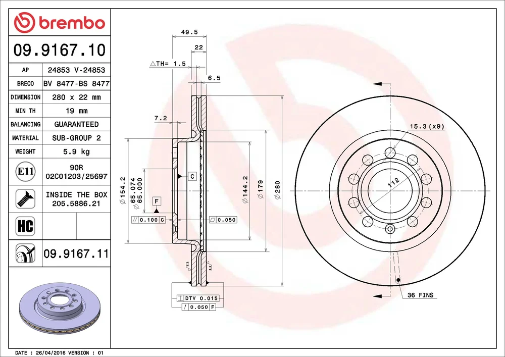 Brzdový kotouč BREMBO 09.9167.11