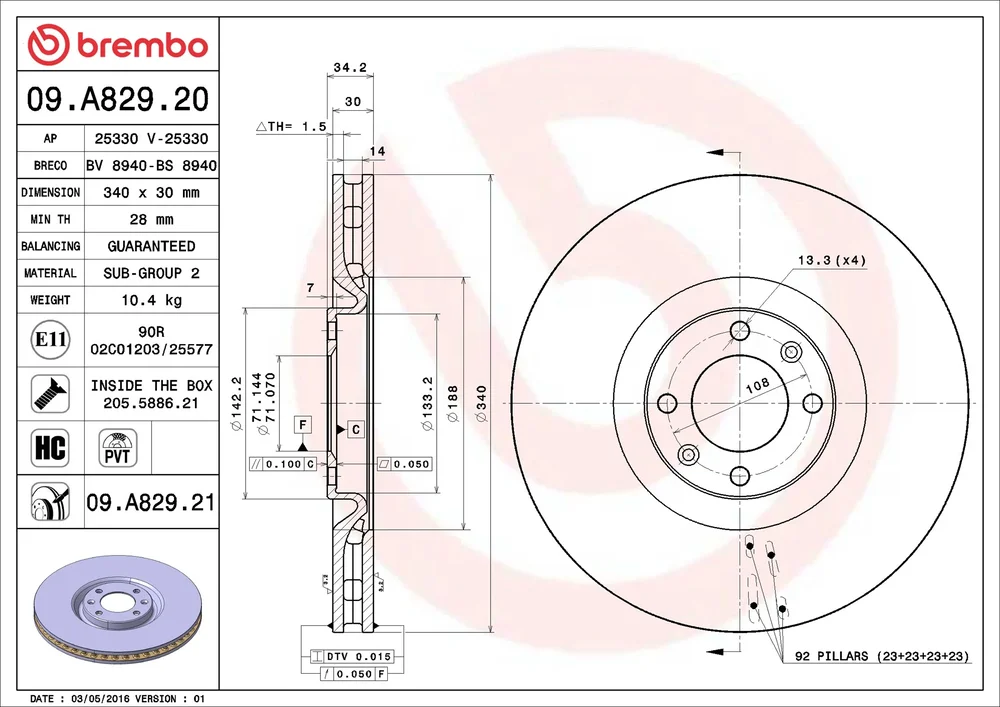 Brzdový kotouč BREMBO 09.A829.21